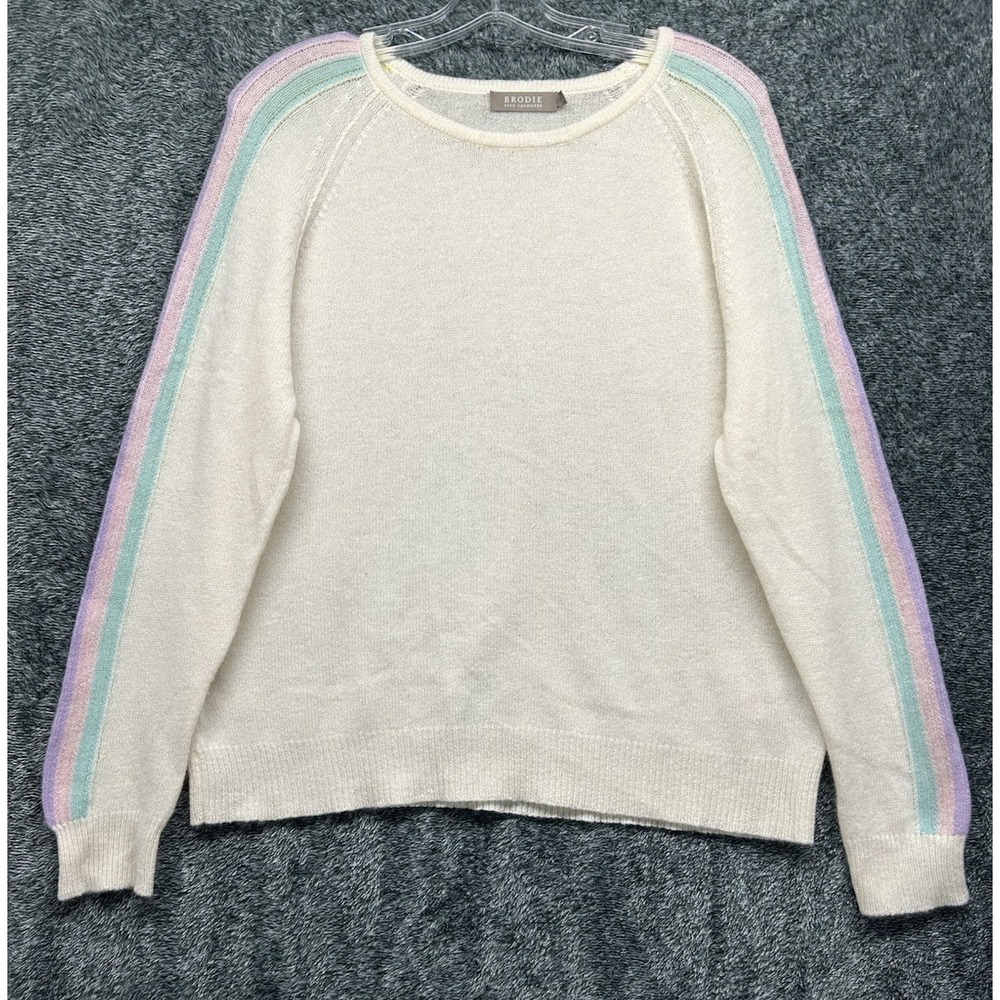 Brodie Womens Size M Beige Long Sleeve Striped Scoop Neck Cashmere Sweater (M6)